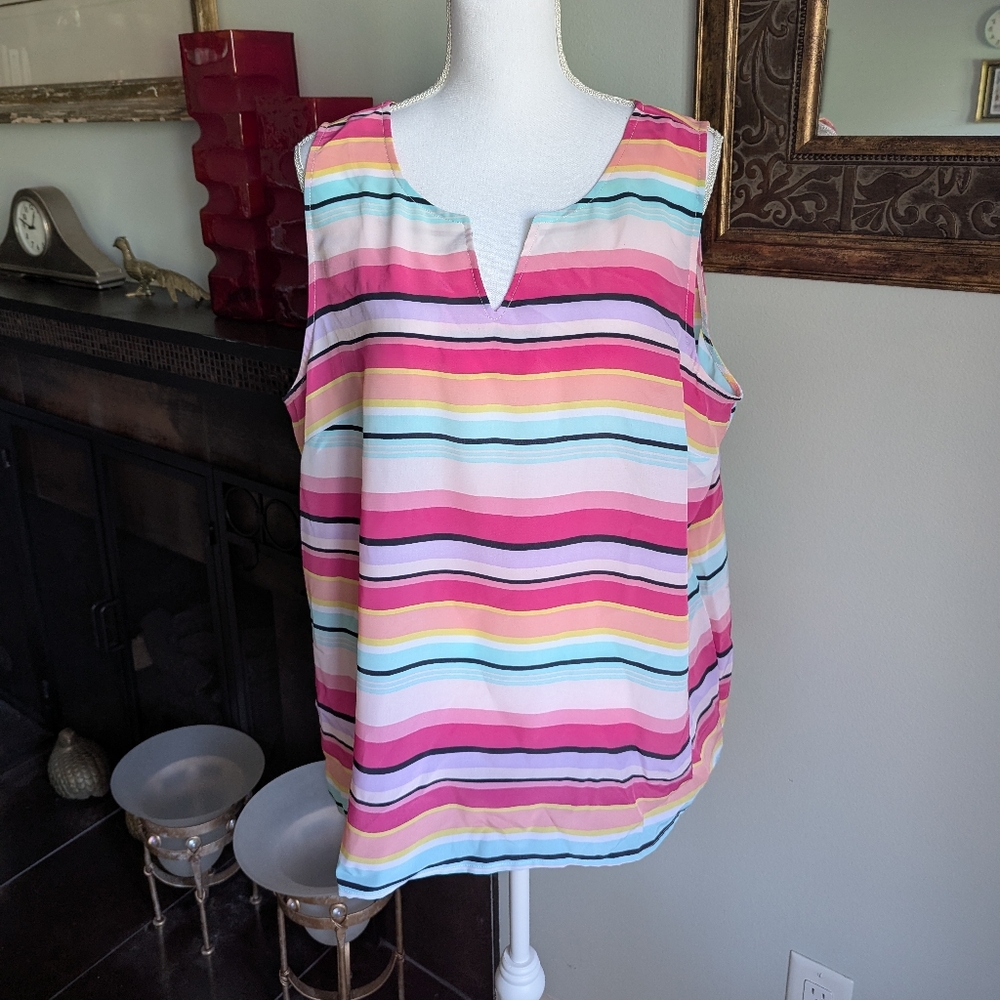 NEW CJ Banks Womens 1X Multicolor Striped Sleeveless Split V-Neck Top 115